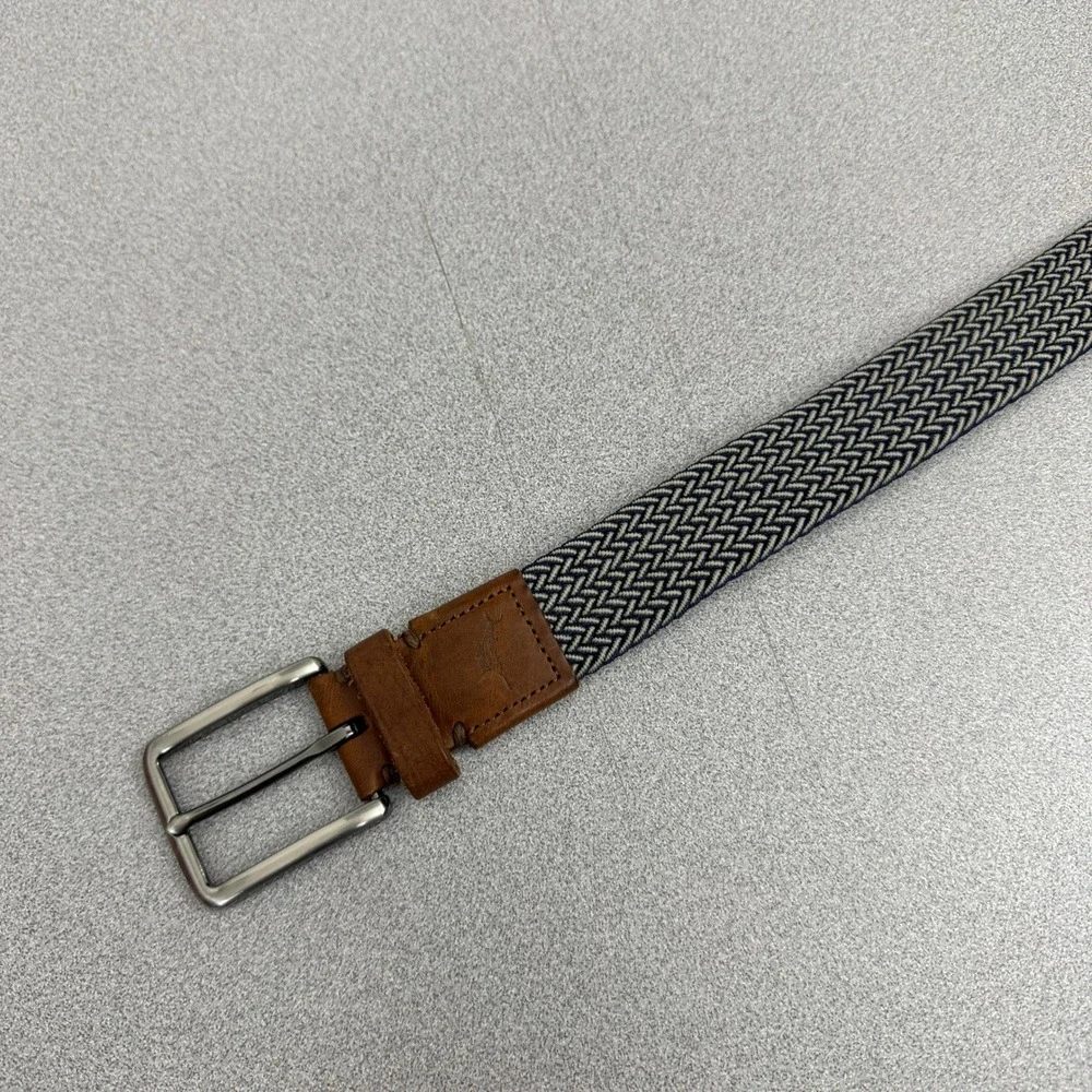Tommy Bahama Belt Mens L/XL Blue Brown Woven Leather Trim Silver Buckle Elastic